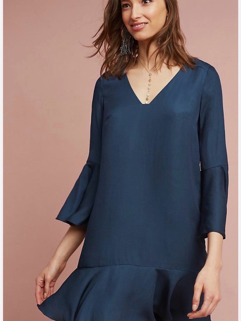 Anthropologie Maeve Blue Galway Dress Hi Low Ruffle Hem Flutter Sleeve Sz XL